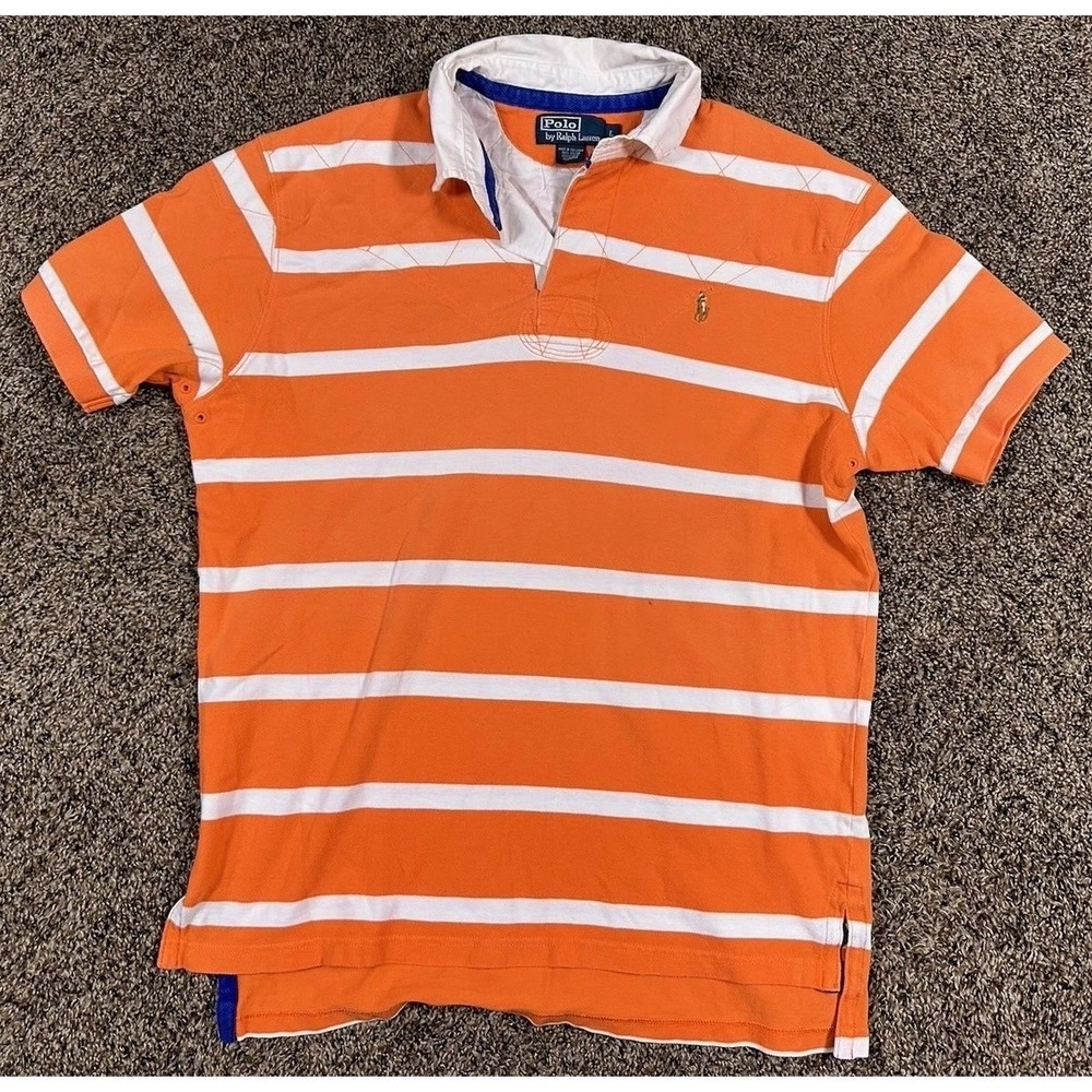 Vintage‎ Polo Ralph Lauren Shirt Men's Sz Large Orange Kanye Rugby Striped Pony